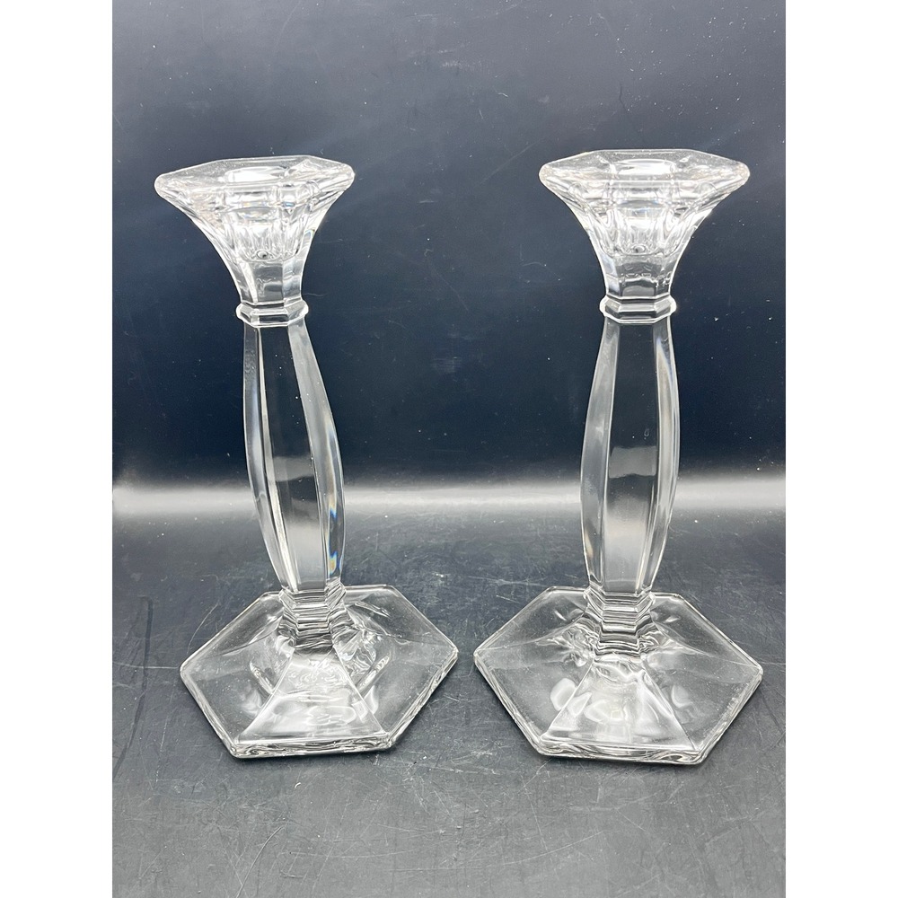 Vtg Tall Pillar Pedestal Clear Glass Candle Holders 8.5' Tall Set of‎ 2 Decor